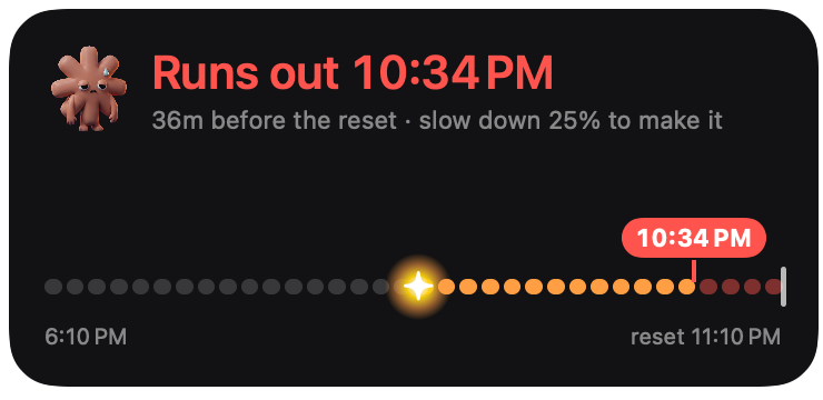 Fuse widget: runs out 10:34 PM, 36 minutes before the reset, slow down 25% to make it